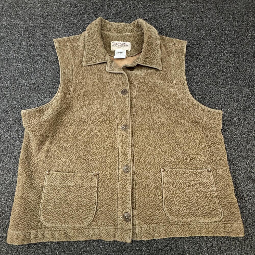 Gotcha Covered Vest Womens L Beige Fleece Collared Pockets Button Logo